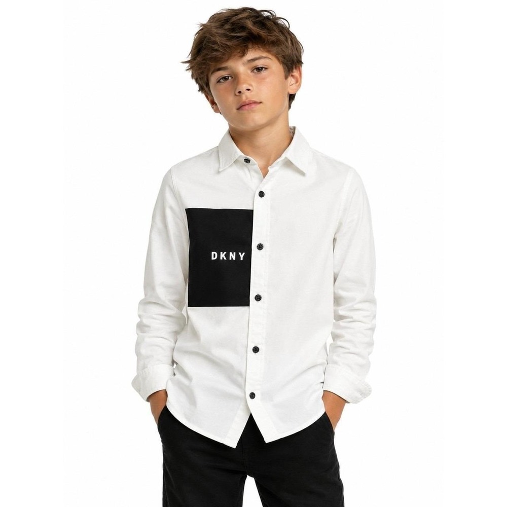 DKNY Boys White Long Sleeve Button Down Shirt Black Logo Graphic Kids | Size 8